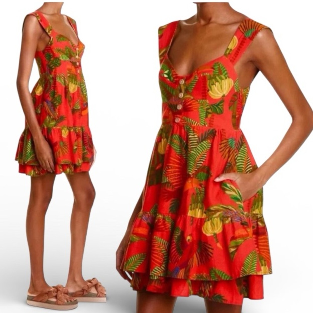 Farm Rio Red Forest Birds Mini Dress Women’s L Tropical Floral Tiered NWT